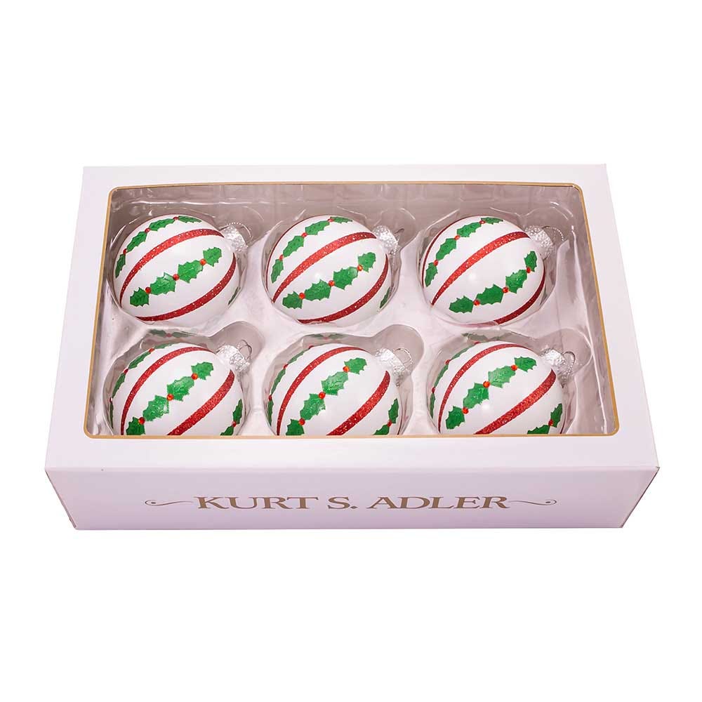 Kurt Adler 80MM Red and White Holly Leaf Glass Ball Ornaments, 6-Piece Set